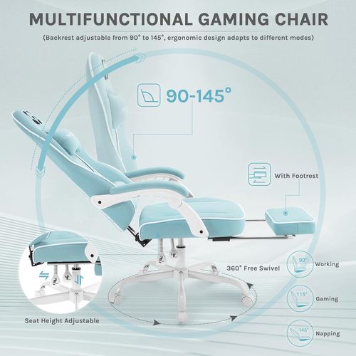 Fauteuil Gaming, Avec Coussin à Ressorts Ensachés, Appui-tête, Support Lombaire, Repose-pieds, Bleu