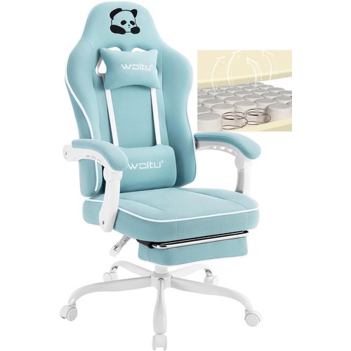 Fauteuil Gaming, Avec Coussin à Ressorts Ensachés, Appui-tête, Support Lombaire, Repose-pieds, Bleu
