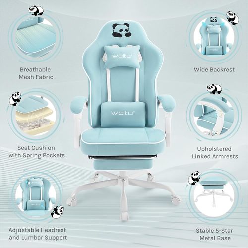 Fauteuil Gaming, Avec Coussin à Ressorts Ensachés, Appui-tête, Support Lombaire, Repose-pieds, Bleu