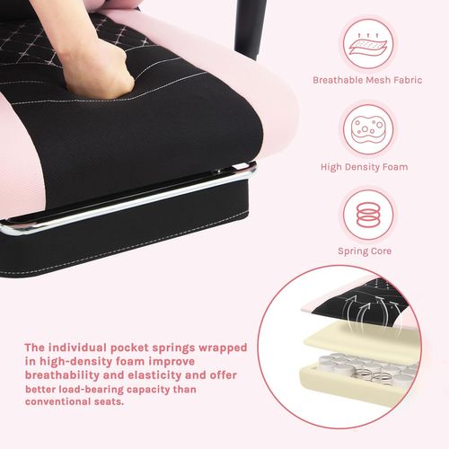 Chaise Gaming,Fauteuil Gaming Massant,Avec Coussin Lombaire,Siège à Ressorts,Tissu Maille,Noir+Rose
