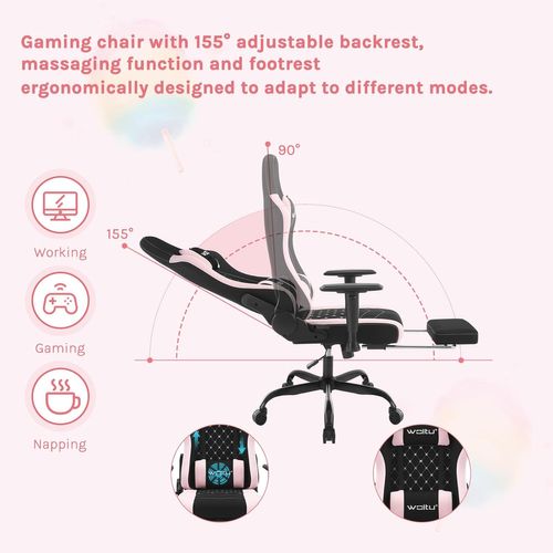 Chaise Gaming,Fauteuil Gaming Massant,Avec Coussin Lombaire,Siège à Ressorts,Tissu Maille,Noir+Rose