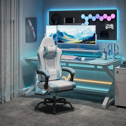 Chaise Gaming, Fauteuil Gamer, Avec Coussin à Ressorts, Soutien Lombaire, Tissu Maille, Blanc+bleu