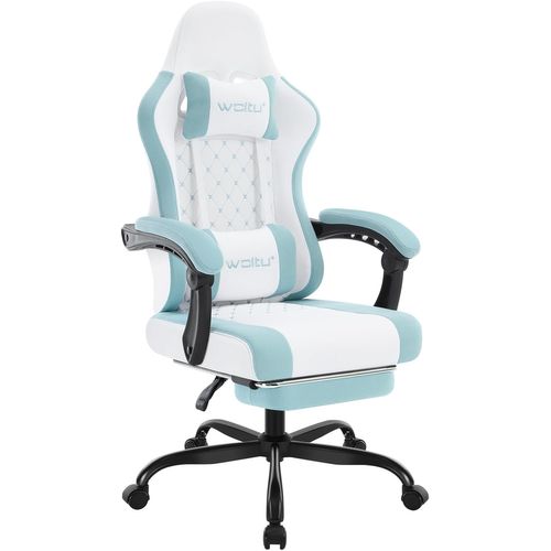 Chaise Gaming, Fauteuil Gamer, Avec Coussin à Ressorts, Soutien Lombaire, Tissu Maille, Blanc+bleu