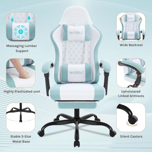 Chaise Gaming, Fauteuil Gamer, Avec Coussin à Ressorts, Soutien Lombaire, Tissu Maille, Blanc+bleu