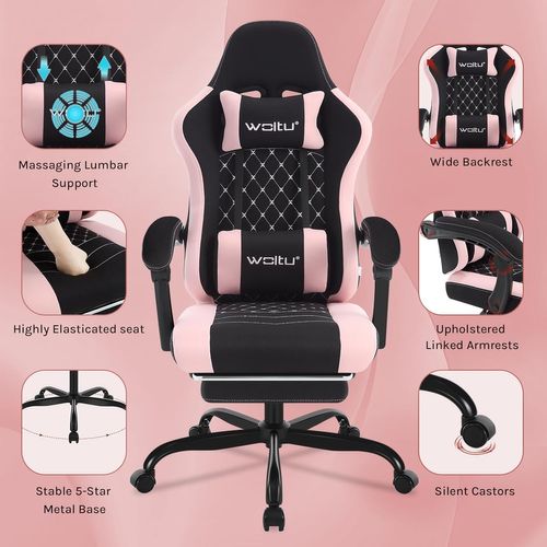 Chaise Gaming, Fauteuil Gamer, Avec Coussin à Ressorts, Soutien Lombaire, Tissu Maille, Noir+rose