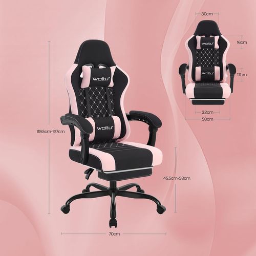Chaise Gaming, Fauteuil Gamer, Avec Coussin à Ressorts, Soutien Lombaire, Tissu Maille, Noir+rose
