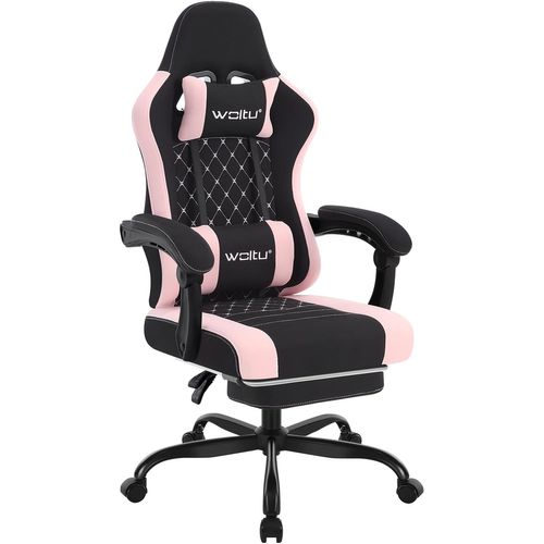 Chaise Gaming, Fauteuil Gamer, Avec Coussin à Ressorts, Soutien Lombaire, Tissu Maille, Noir+rose