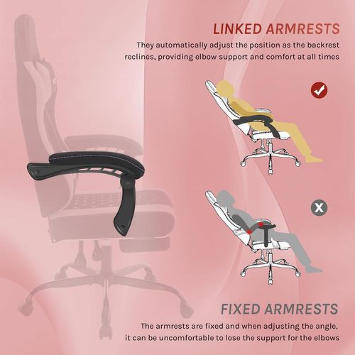 Chaise Gaming, Fauteuil Gamer, Avec Coussin à Ressorts, Soutien Lombaire, Tissu Maille, Noir+rose