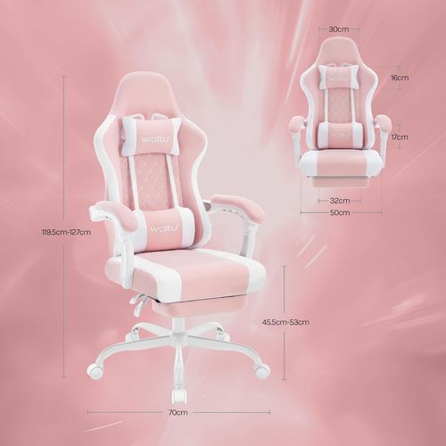 Chaise Gaming, Fauteuil Gamer, Avec Coussin à Ressorts, Soutien Lombaire, Tissu Maille, Rose+blanc