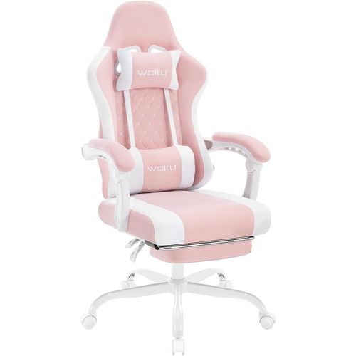 Chaise Gaming, Fauteuil Gamer, Avec Coussin à Ressorts, Soutien Lombaire, Tissu Maille, Rose+blanc