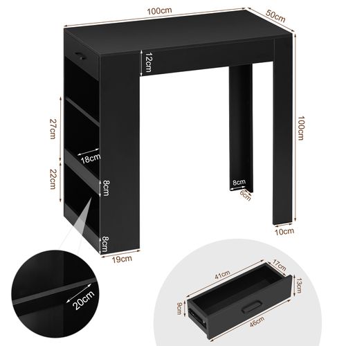 Table De Bar Haute, Table à Manger, Avec 1 Tiroir Et 3 Compartiments Ouverts, 100x50x100cm, Noir