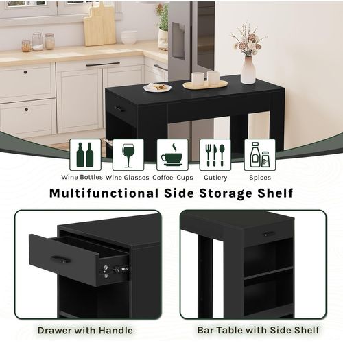 Table De Bar Haute, Table à Manger, Avec 1 Tiroir Et 3 Compartiments Ouverts, 100x50x100cm, Noir