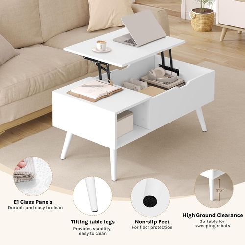 Table Basse Relevable, Table De Salon, Avec Espace De Rangement Intérieur, 100x50x(43-57) Cm, Blanc