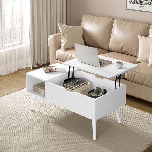 Table Basse Relevable, Table De Salon, Avec Espace De Rangement Intérieur, 100x50x(43-57) Cm, Blanc