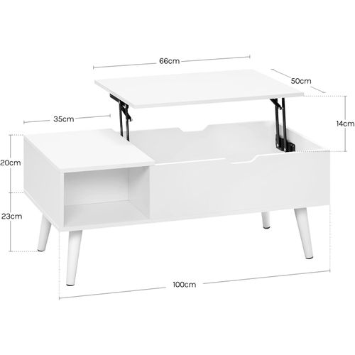 Table Basse Relevable, Table De Salon, Avec Espace De Rangement Intérieur, 100x50x(43-57) Cm, Blanc