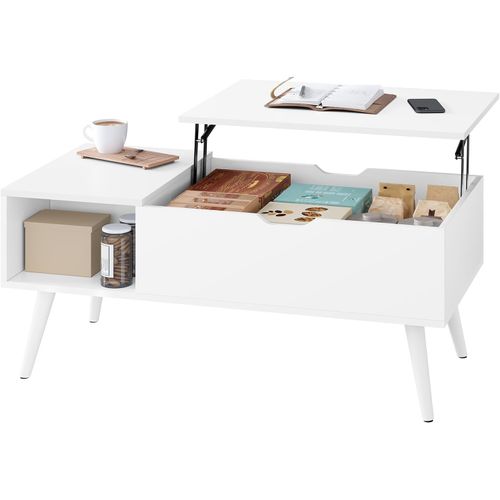 Table Basse Relevable, Table De Salon, Avec Espace De Rangement Intérieur, 100x50x(43-57) Cm, Blanc