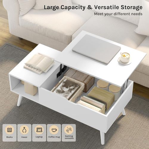 Table Basse Relevable, Table De Salon, Avec Espace De Rangement Intérieur, 100x50x(43-57) Cm, Blanc