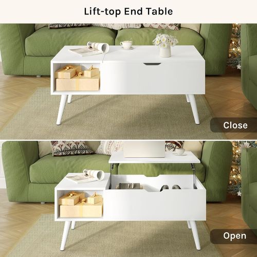 Table Basse Relevable, Table De Salon, Avec Espace De Rangement Intérieur, 100x50x(43-57) Cm, Blanc
