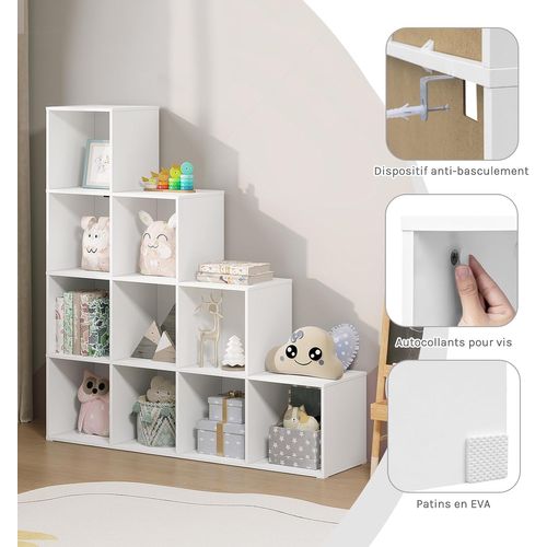 Étagère De Rangement Avec 10 Cubes, Bibliothèque En Bois D'ingénierie, Blanc, 120x30x120cm