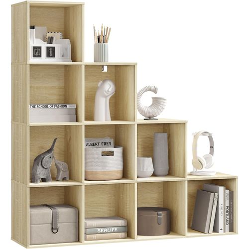 Étagère De Rangement Avec 10 Cubes, Bibliothèque En Bois D'ingénierie, Chêne Clair, 120x30x120cm