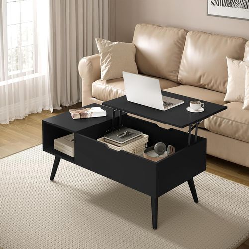 Table Basse Relevable, Table De Salon, Avec Espace De Rangement Intérieur, 100x50x(43-57) Cm, Noir