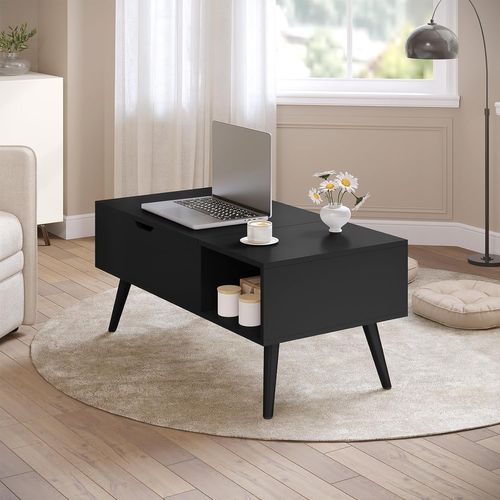 Table Basse Relevable, Table De Salon, Avec Espace De Rangement Intérieur, 100x50x(43-57) Cm, Noir