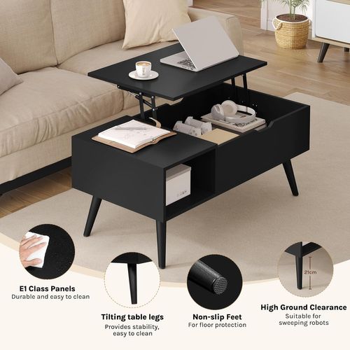 Table Basse Relevable, Table De Salon, Avec Espace De Rangement Intérieur, 100x50x(43-57) Cm, Noir
