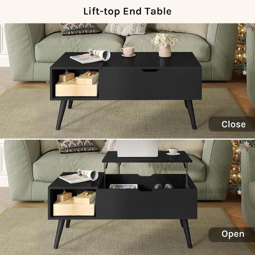 Table Basse Relevable, Table De Salon, Avec Espace De Rangement Intérieur, 100x50x(43-57) Cm, Noir