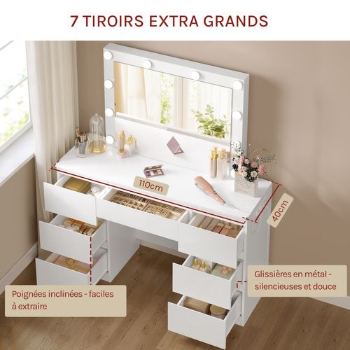 Coiffeuse Avec Miroir LED, Tabouret, Multiprise, Luminosité Réglable, 110x39,5x140,5cm, Blanc