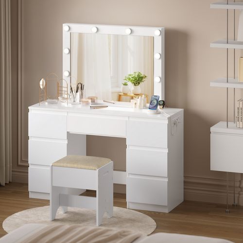 Coiffeuse Avec Miroir LED, Tabouret, Multiprise, Luminosité Réglable, 110x39,5x140,5cm, Blanc