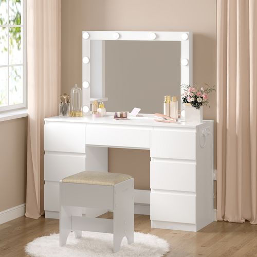 Coiffeuse Avec Miroir LED, Tabouret, Multiprise, Luminosité Réglable, 110x39,5x140,5cm, Blanc