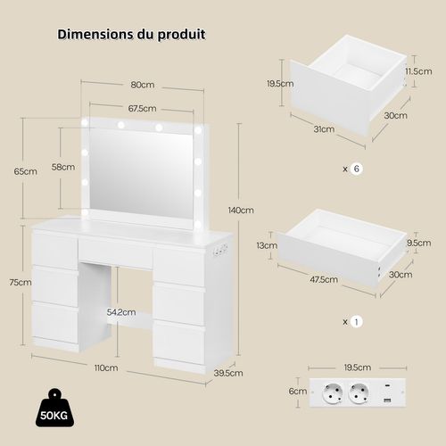 Coiffeuse Avec Miroir LED, Tabouret, Multiprise, Luminosité Réglable, 110x39,5x140,5cm, Blanc