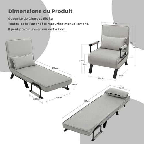 Fauteuil Lit 1 Place Convertible, Canapé Lit 3 En 1, Oreiller Amovible, Gris Clair