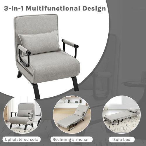 Fauteuil Lit 1 Place Convertible, Canapé Lit 3 En 1, Oreiller Amovible, Gris Clair