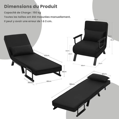 Fauteuil Lit 1 Place Convertible, Canapé Lit 3 En 1, Avec Dossier Réglable, Oreiller Amovible, Noir