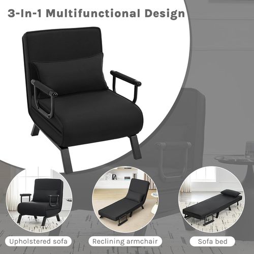 Fauteuil Lit 1 Place Convertible, Canapé Lit 3 En 1, Avec Dossier Réglable, Oreiller Amovible, Noir