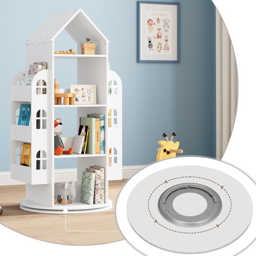 Bibliothèque Pour Enfants, Étagère Rotative à 4 Niveaux, Avec 13 Compartiments, Blanc, 63x59x125cm
