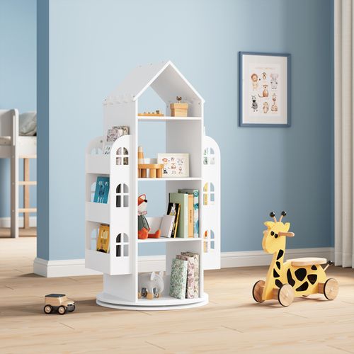 Bibliothèque Pour Enfants, Étagère Rotative à 4 Niveaux, Avec 13 Compartiments, Blanc, 63x59x125cm