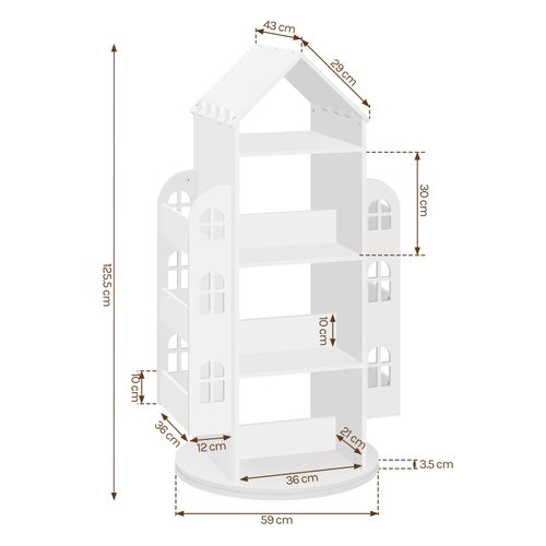 Bibliothèque Pour Enfants, Étagère Rotative à 4 Niveaux, Avec 13 Compartiments, Blanc, 63x59x125cm