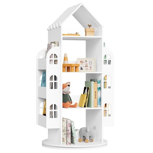 Bibliothèque Pour Enfants, Étagère Rotative à 4 Niveaux, Avec 13 Compartiments, Blanc, 63x59x125cm