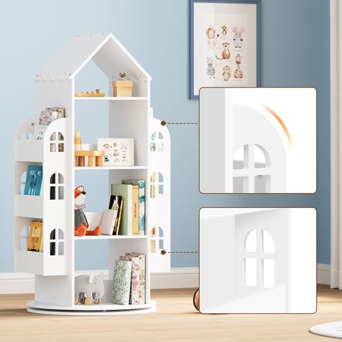 Bibliothèque Pour Enfants, Étagère Rotative à 4 Niveaux, Avec 13 Compartiments, Blanc, 63x59x125cm