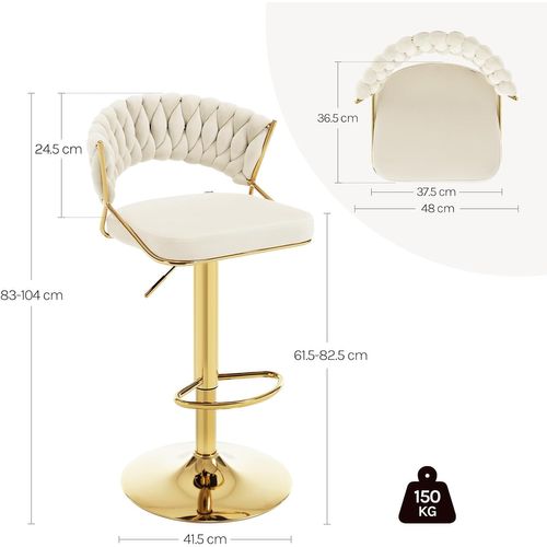 Tabouret De Bar Avec Dossier Tissé, Pivotant, Hauteur Réglable, Base En Métal, En Velours, Crème