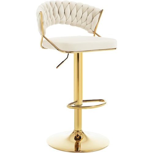 Tabouret De Bar Avec Dossier Tissé, Pivotant, Hauteur Réglable, Base En Métal, En Velours, Crème