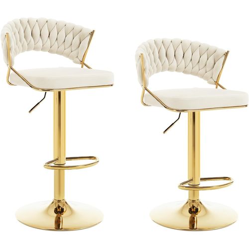 2 X Tabouret De Bar Avec Dossier Tissé, Pivotant, Hauteur Réglable, Base En Métal, En Velours, Crème