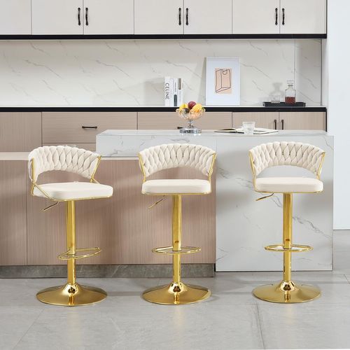 4 X Tabouret De Bar Avec Dossier Tissé, Pivotant, Hauteur Réglable, Base En Métal, En Velours, Crème