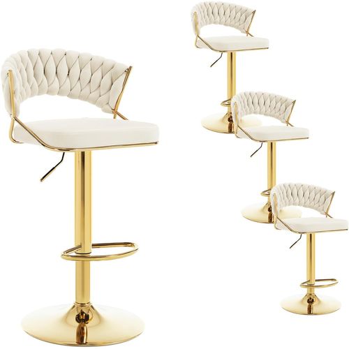 4 X Tabouret De Bar Avec Dossier Tissé, Pivotant, Hauteur Réglable, Base En Métal, En Velours, Crème