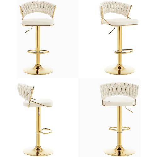 4 X Tabouret De Bar Avec Dossier Tissé, Pivotant, Hauteur Réglable, Base En Métal, En Velours, Crème