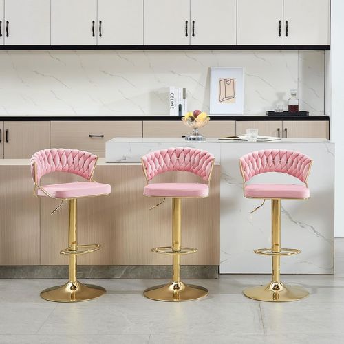 2 X Tabouret De Bar Avec Dossier Tissé, Pivotant, Hauteur Réglable, Base En Métal, En Velours, Rose