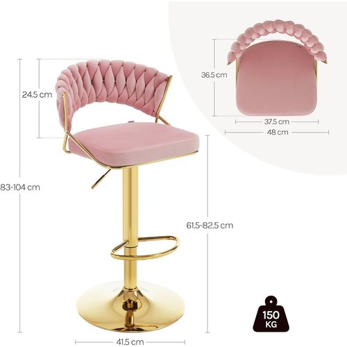 2 X Tabouret De Bar Avec Dossier Tissé, Pivotant, Hauteur Réglable, Base En Métal, En Velours, Rose
