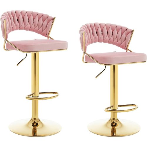 2 X Tabouret De Bar Avec Dossier Tissé, Pivotant, Hauteur Réglable, Base En Métal, En Velours, Rose